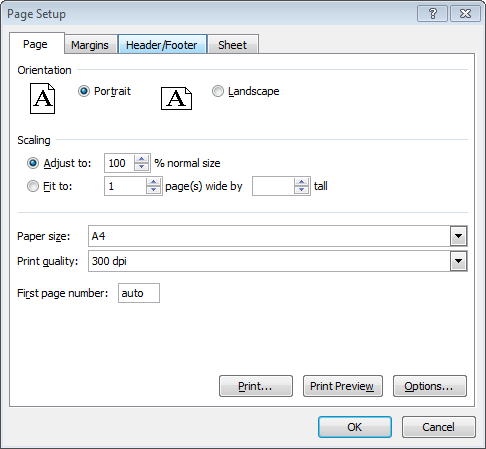 مربع الحوار Page Setup